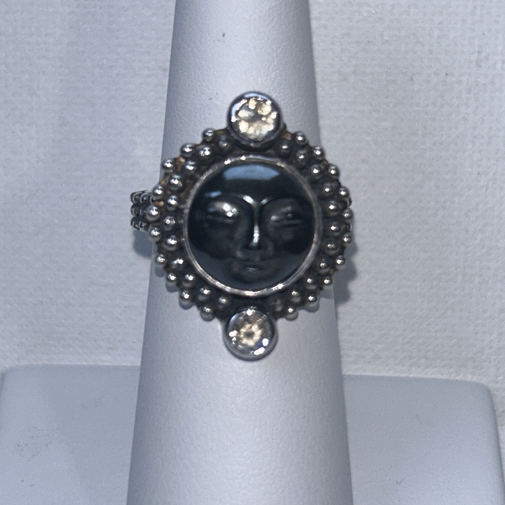 NWOT Artisan Made Sterling Silver Hematite Moon Face Labradorite Gemstone Ring
